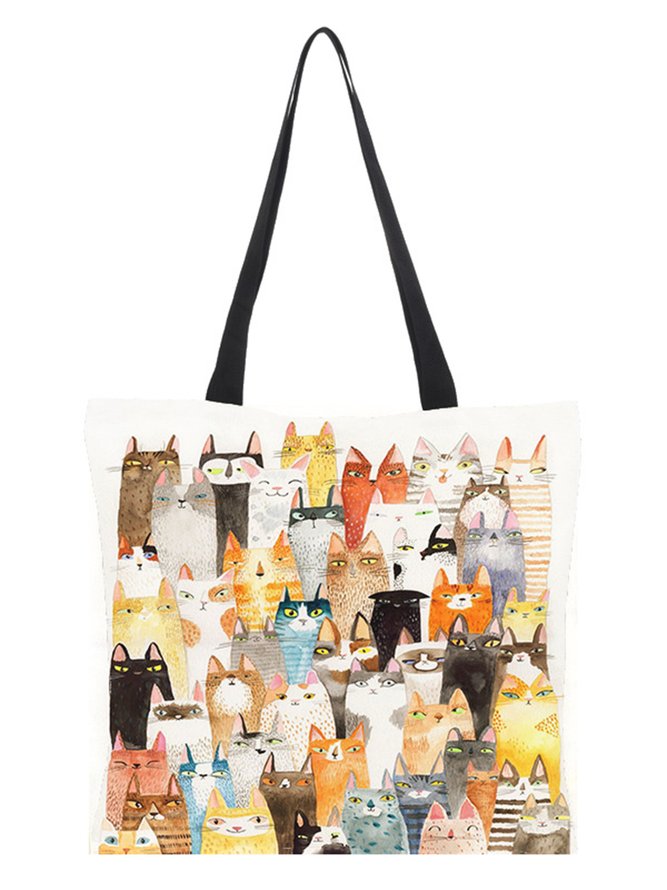 Cat Motif Large Capacity Canvas Shopper Tote Bag