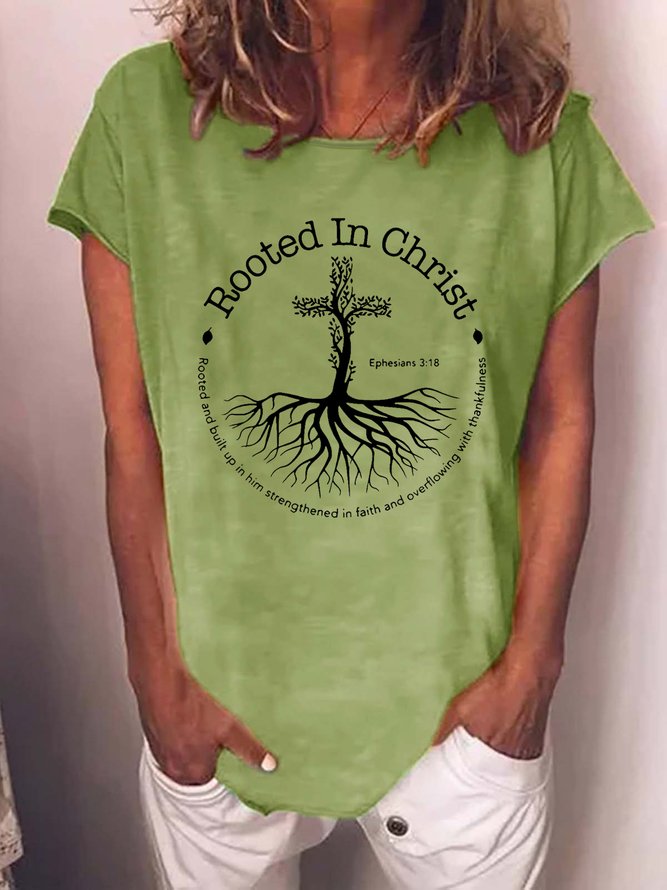 Women Graphic Rooted In Christ Cross Pray God Bible Verse Christian Crew Neck T-Shirt