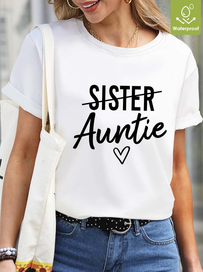 Women Auntie Family Letters Waterproof Oilproof And Stainproof Fabric Loose Casual T-Shirt
