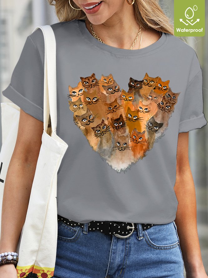 Womens Love Cats Waterproof Oilproof And Stainproof Fabric Casual Crew Neck T-Shirt