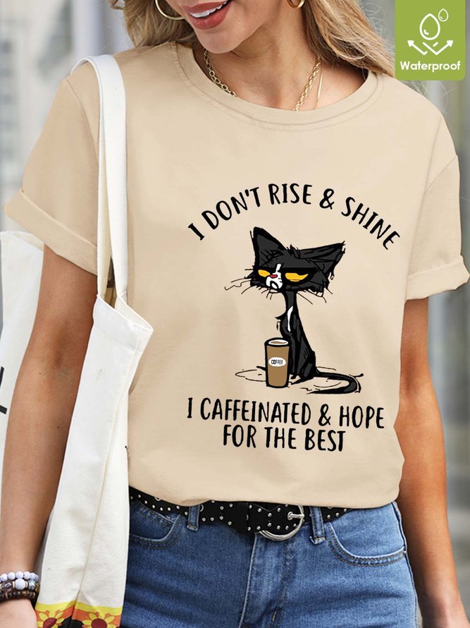 Women Letters Coffee Waterproof Oilproof Stainproof Fabric Loose Cat Crew Neck T-Shirt