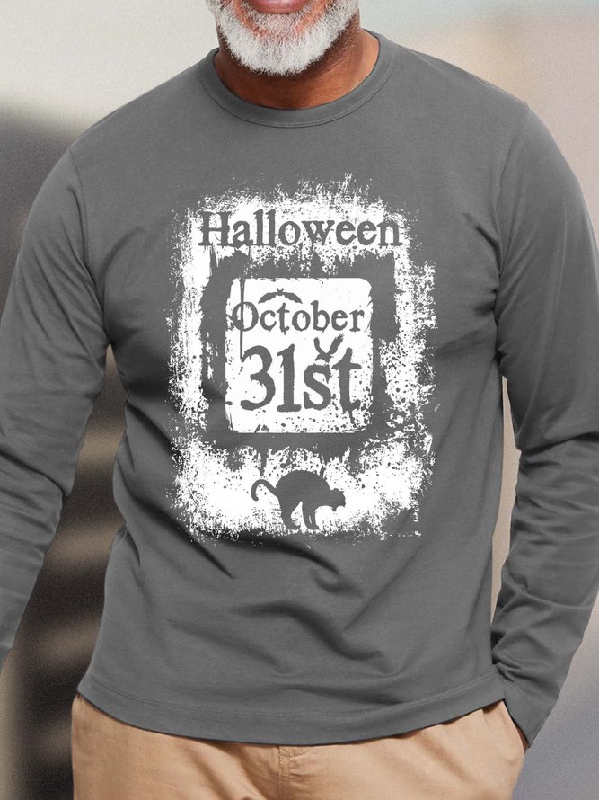 Men Halloween Bats Cat Letters Cotton Crew Neck Loose T-Shirt
