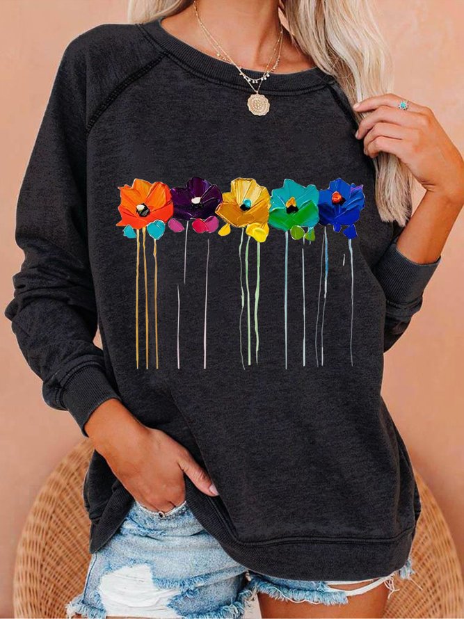 Women Funny Abstract Flower Crew Neck Loose Sweatshirt