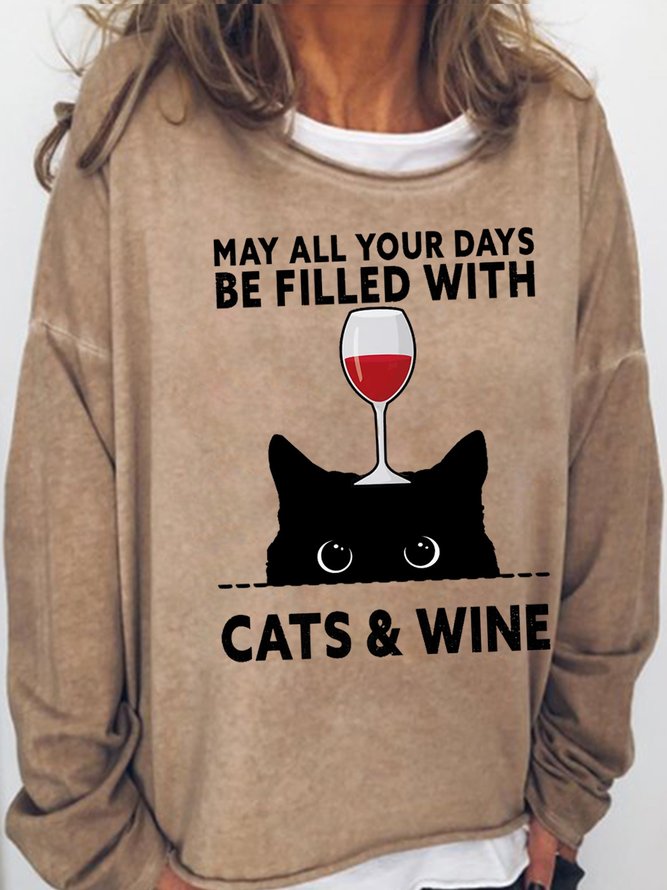 Women's May All Your Days Be Filled Cats & Wine Casual Crew Neck Sweatshirt