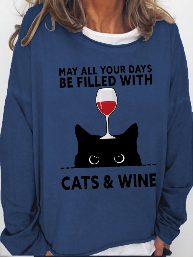 Women's May All Your Days Be Filled Cats & Wine Casual Crew Neck Sweatshirt