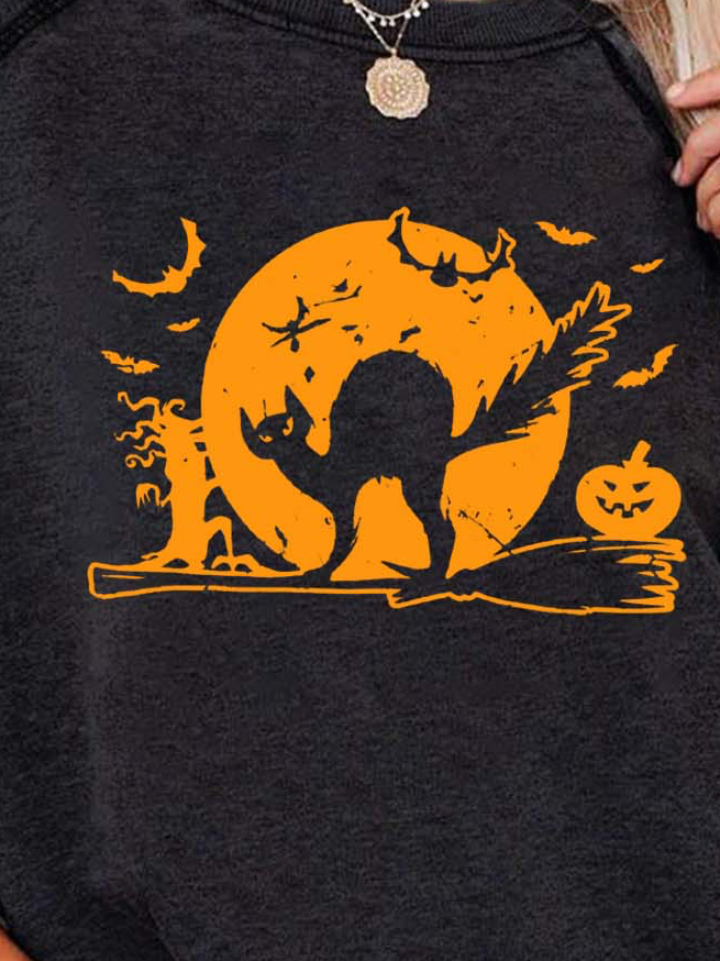 Women Halloween Cats Brooms Loose Cotton Casual Sweatshirts