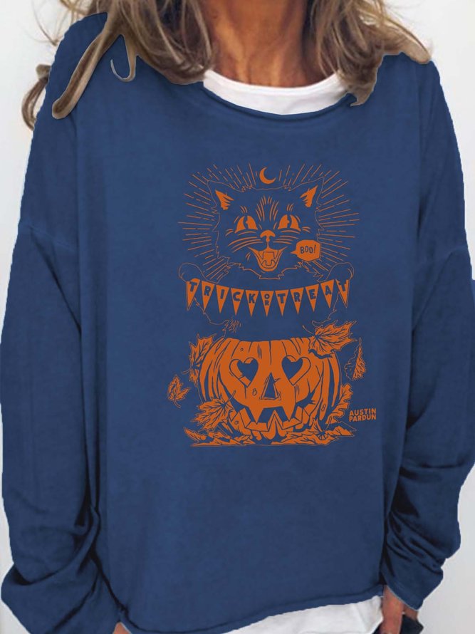 Women Pumpkin Light Halloween Cats Casual Crew Neck Sweatshirts