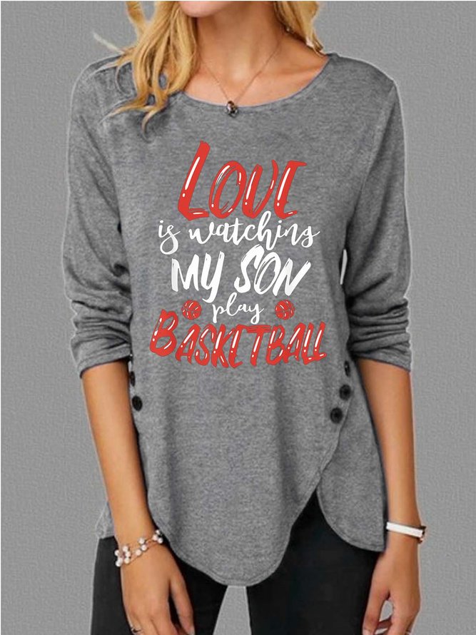 Women Family Son Basketball Letters Crew Neck Casual Tops
