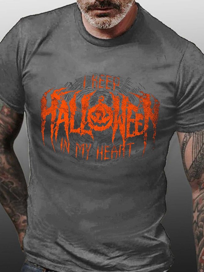 Men Pumpkin Light Halloween Letters Cotton T-Shirt