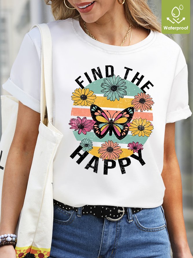 Crew Neck Casual  Butterfly Waterproof Oilproof And Stainproof Fabric T-Shirt