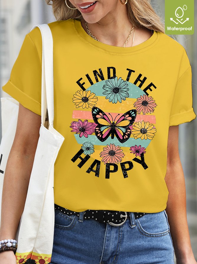 Crew Neck Casual  Butterfly Waterproof Oilproof And Stainproof Fabric T-Shirt