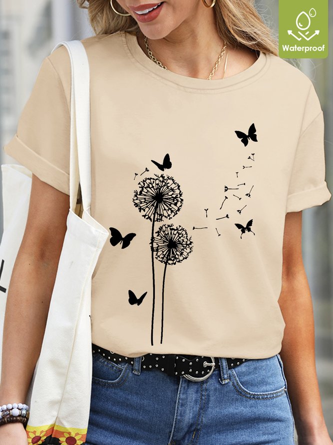 Women Butterfly Dandelions Casual Waterproof Oilproof And Stainproof Fabric T-Shirt