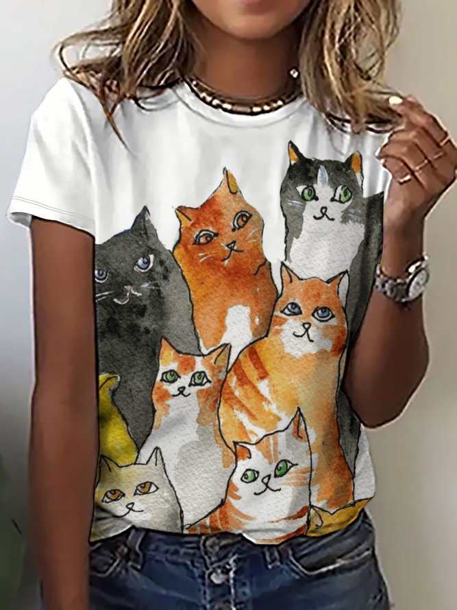 Womens Cute Lovely Cute Cat Casual Crew Neck T-Shirt