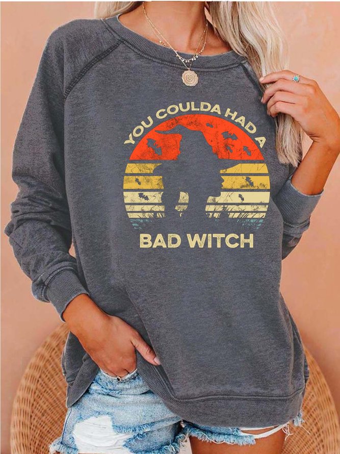 Women Witch Halloween Bats Casual Crew Neck Sweatshirts