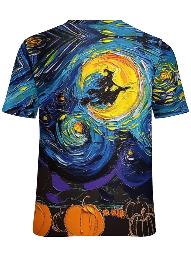 Women Funny Painting Witch Pumpkin Starry Night Loose Simple Halloween T-Shirt
