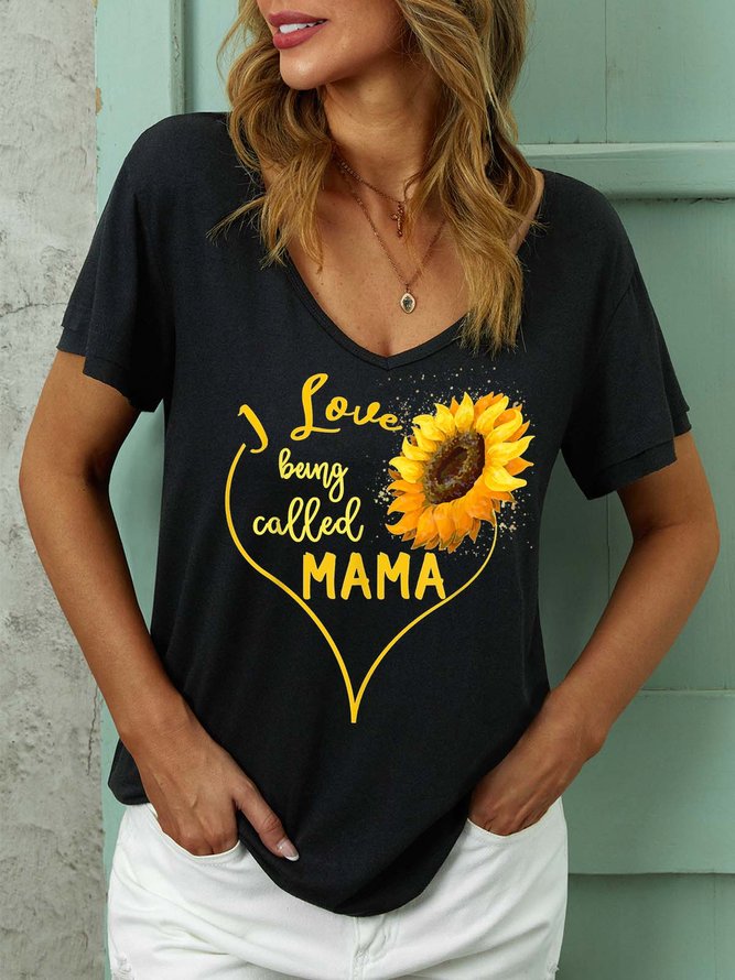 Women Cordate Sunflower Mama Letters Casual T-Shirt