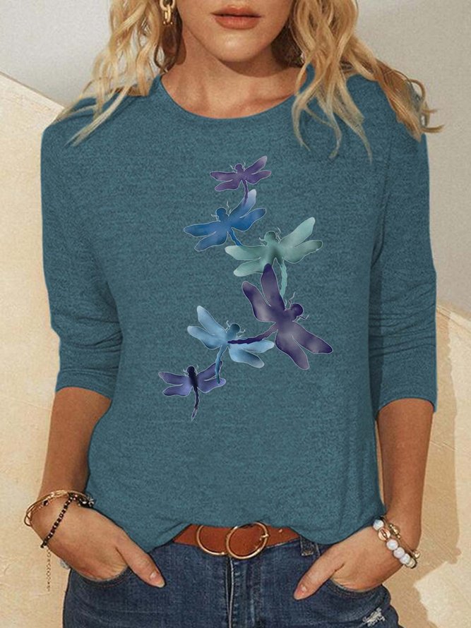 Women's Dragonfly Colorful Cotton-Blend Casual Long Sleeve Top