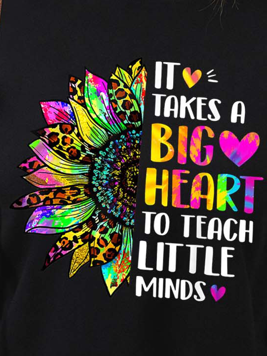 Women Big heart Little Minds Text Letters Crew Neck Casual T-Shirt