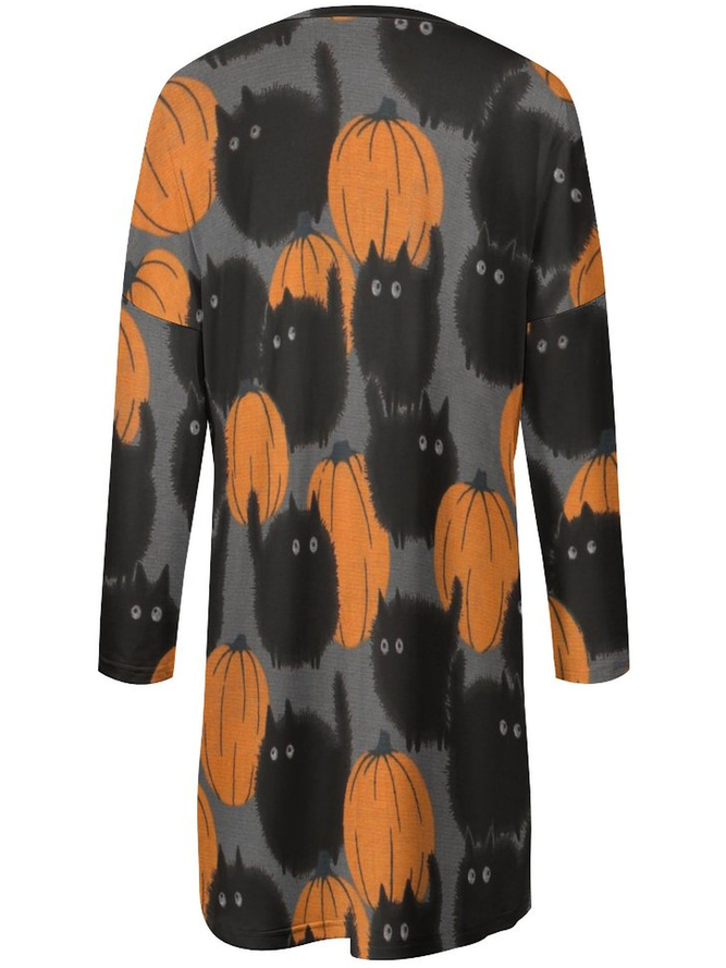 Women Pumpkin And Black Cat Casual Halloween Crew Neck Dresses