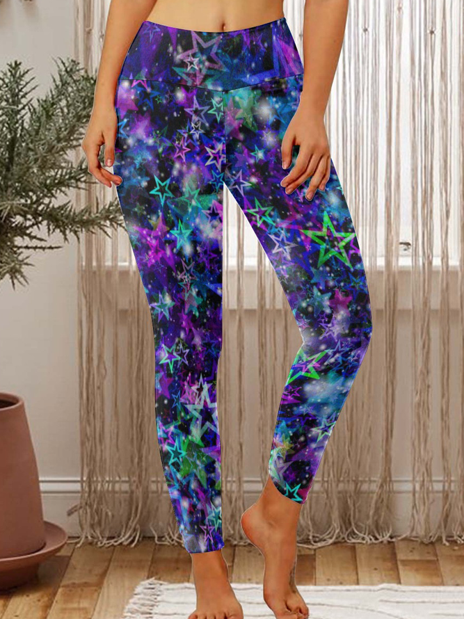 Women Colorful Texture Star Casual Floral Leggings