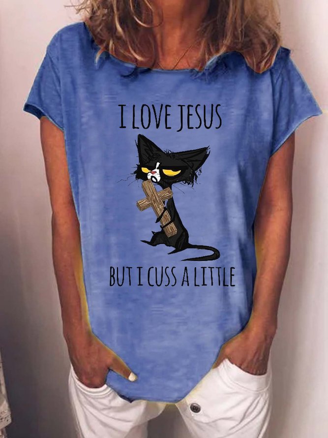 Women Funny Graphic Cat I Love Jesus But I Cuss A Little Crew Neck T-Shirt