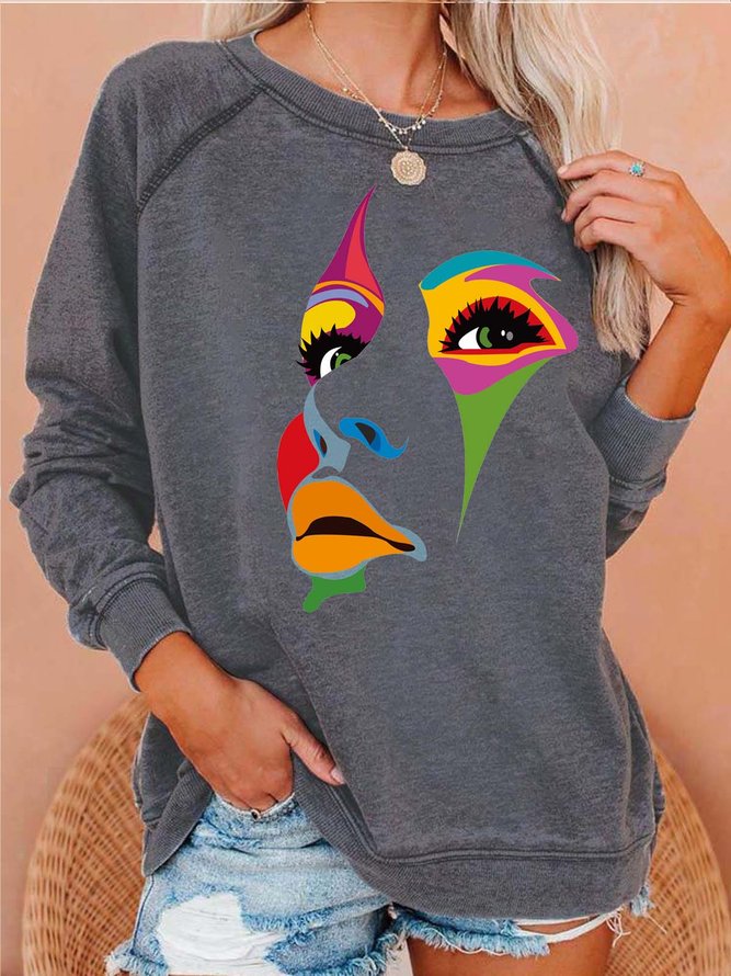 Women Face colorful Abstraction Casual Crew Neck Cotton Sweatshirts