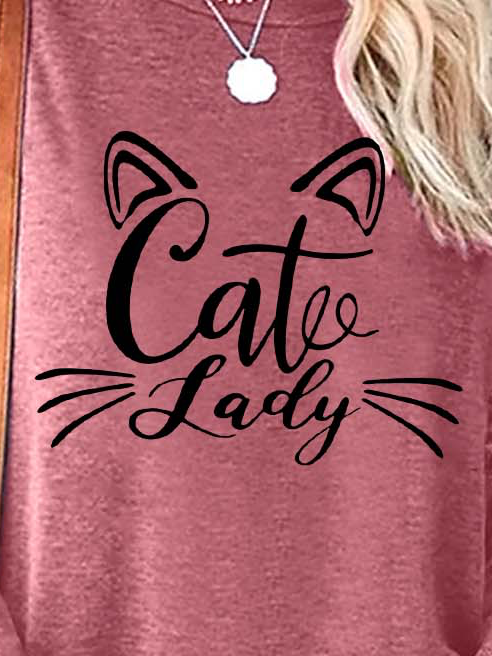 Women Cat Lady Animal Letters Casual Tops