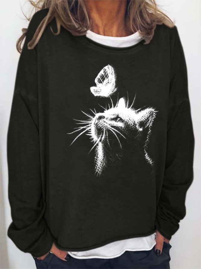 Women Butterfly Playing Funny Cat Casual Sweatshirts