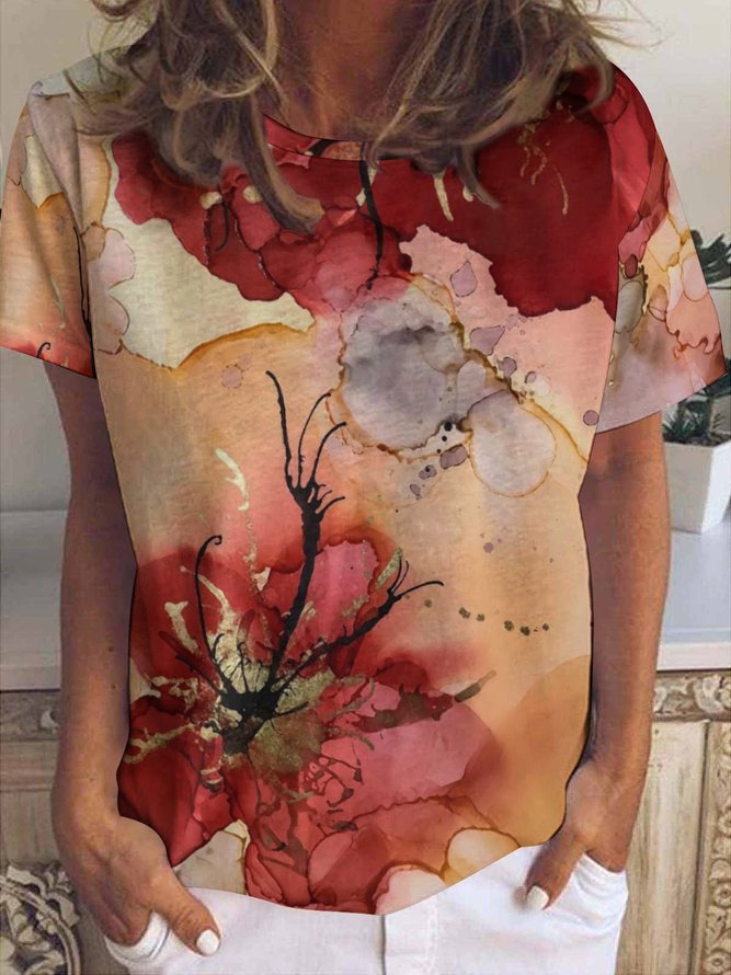 Women Abstract Art Floral Pattern Crew Neck Loose Casual T-Shirt