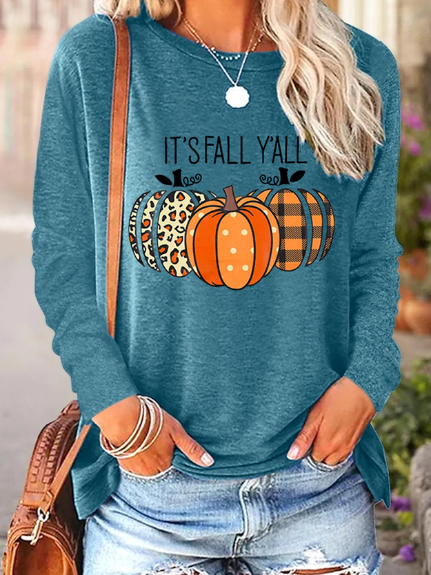 Women's It's Fall Y'all Halloween Leopard Pumpkin Crew Neck Halloween Long Sleeve T-shirt