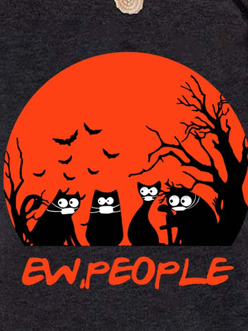 Women Halloween Black Cats Loose Crew Neck Cotton Sweatshirts