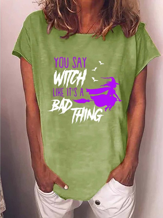 Women Halloween Brooms Witch Casual Loose Halloween T-Shirt