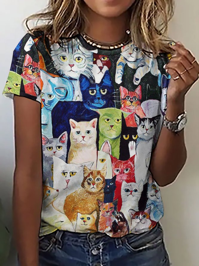 Funny Women Cat Crew Neck Cat Loose T-Shirt