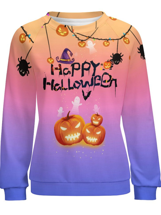 Women Funny Pumpkin Happy Halloween Gradient Color Raglan Sleeve Sweatshirts