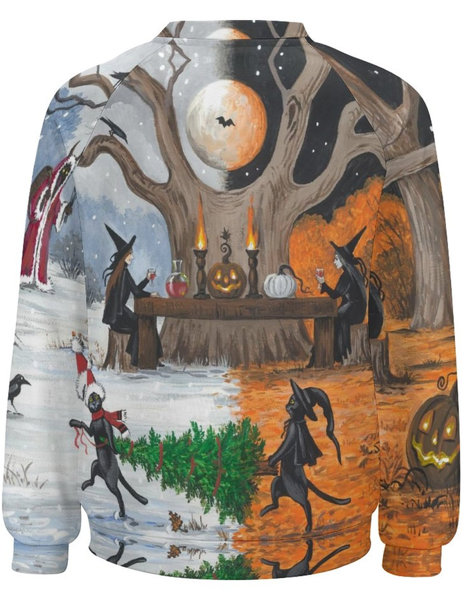 Women Witch Black Cat Christmas Tree Halloween Raglan Sleeve Cotton Sweatshirts