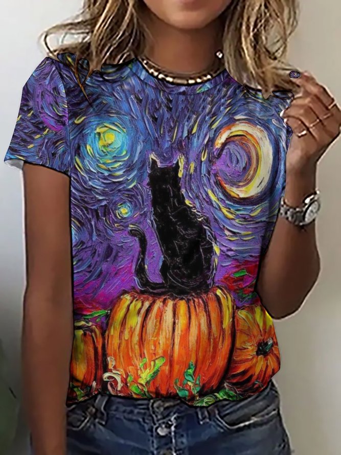 Womens Halloween Black Cat Casual Crew Neck T-Shirt