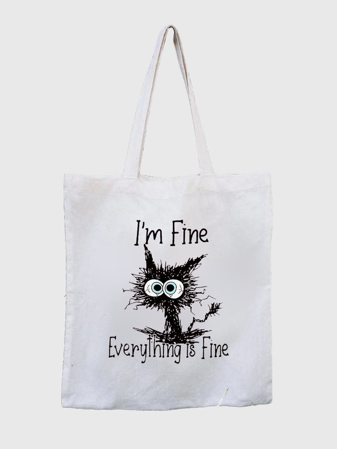I Am Fine Everything Is Fine Women Simple Cat Printing Canvas Open-top Party Halloween Canvas Tote Bag