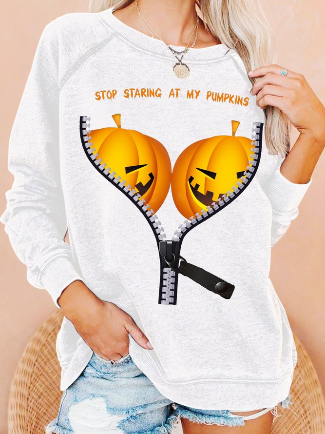 Womens Halloween Costume Pumpkin Funny BOObs Print Crew Neck Sweatshirts