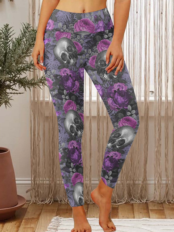Women Purple Floral Skull Regular Fit Halloween Leggings