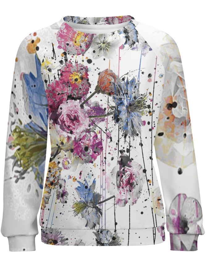 Women Small Crushed Flowers Pattern Casual Raglan Sleeve Abstract Sweatshirts