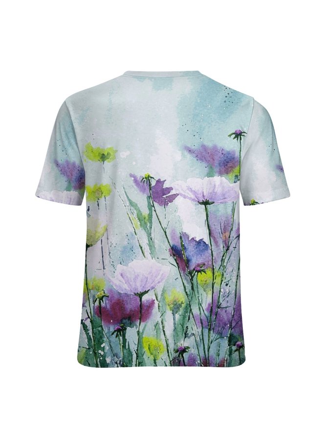Women Large Format Flowers Pattern Loose Crew Neck Cotton-Blend T-Shirt