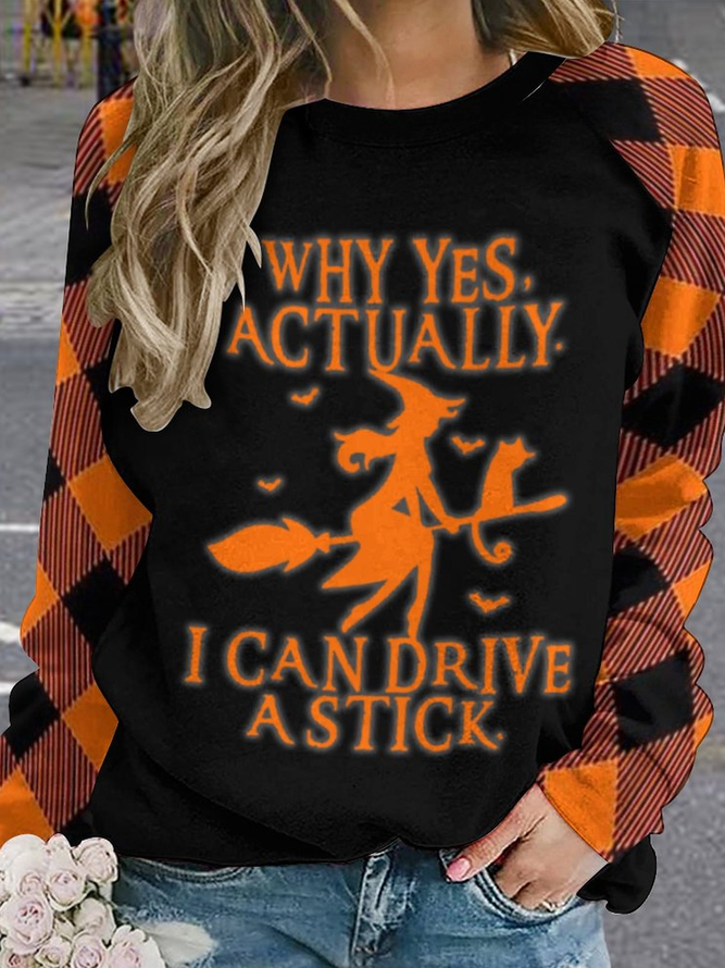 Women Funny Graphic Yes I Can Drive A Stick Halloween Plaid Casual Raglan Sleeve Cotton Sweatshirts