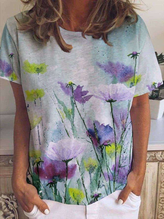 Women Large Format Flowers Pattern Loose Crew Neck Cotton-Blend T-Shirt