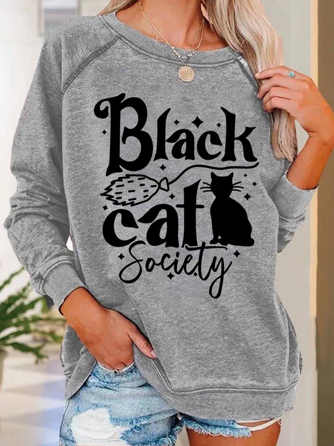 Funny Women Black Cat Society Witch Halloween Loose Crew Neck Sweatshirts