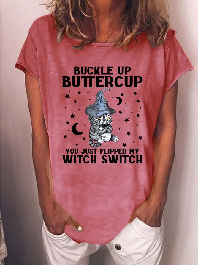 Women Halloween Witch Black Cat Cotton-Blend T-Shirt