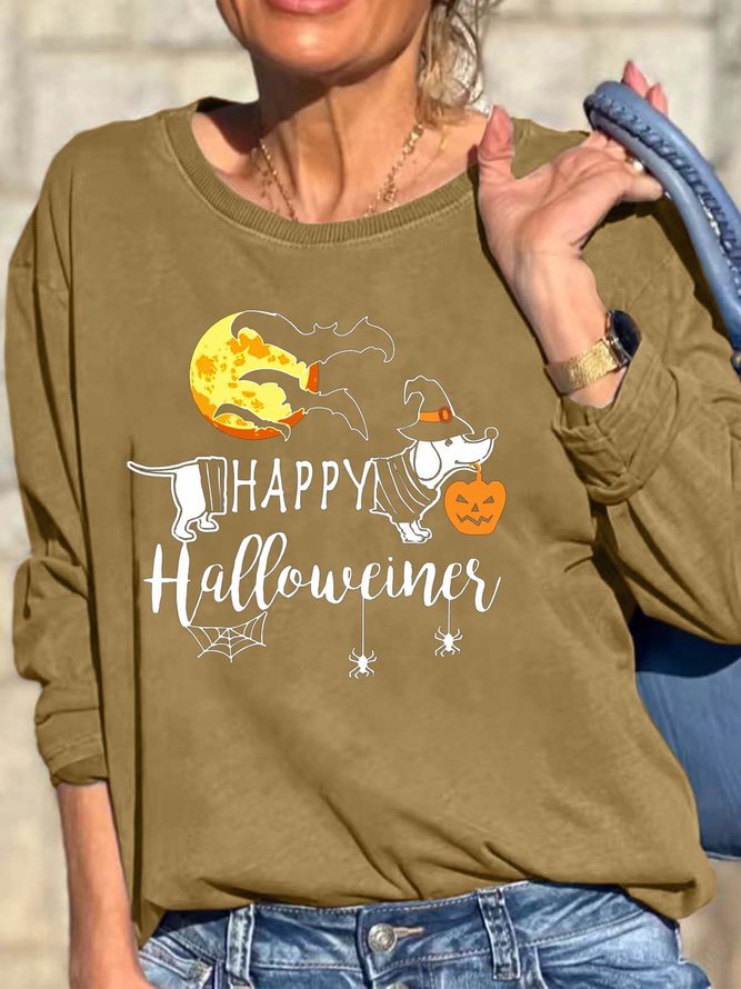 Women Happy Halloween Dog Bats Loose Crew Neck Casual Sweatshirts