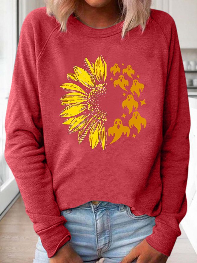 Women Plant Sunflower Ghost Halloween Simple Sweatshirts