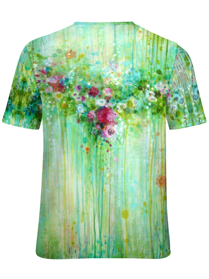 Womens Abstract Flower Crew Neck Casual T-Shirt
