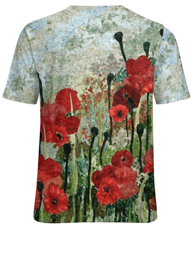 Women Large Format Flowers Abstract Crew Neck Cotton-Blend T-Shirt