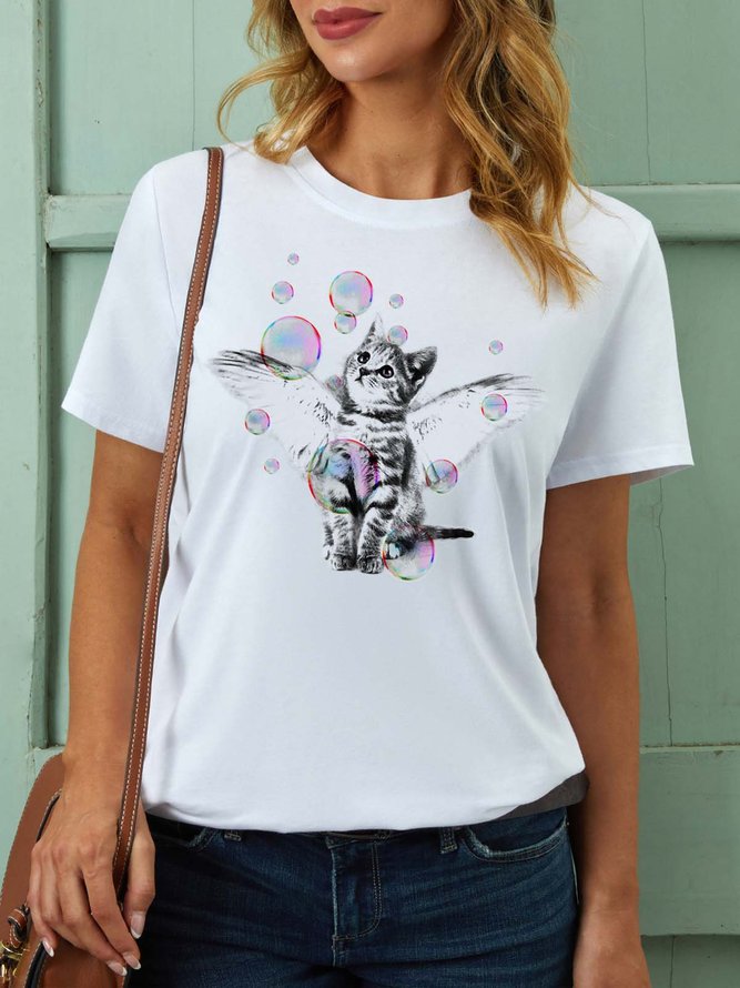 Women Cat Wings Bubbles Pattern Loose Casual T-Shirt